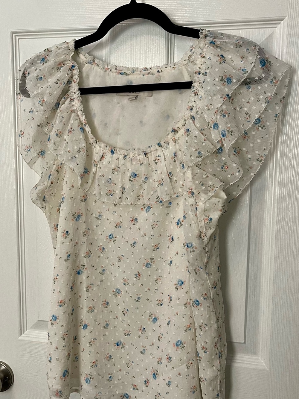 LOFT Cream Sleeveless Ruffle Blouse with Blue & Pink Floral